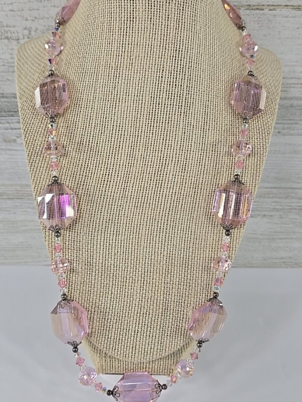 Pink Faceted Glass Bead Necklace & Bracelet Set Iridescent Crystal Statement 25"